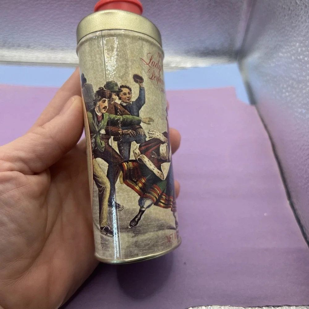 Vintage 1970's Avon perfumed Talc Tin In Ariane scent Bottle Lady Skater 3.75 Oz